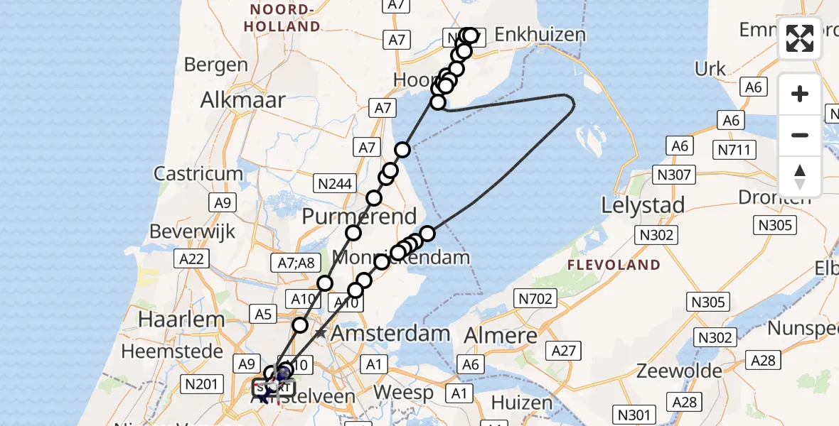 Vluchtroute Politiehelikopter van Amsterdam Vliegveld Schiphol naar Amsterdam Vliegveld Schiphol