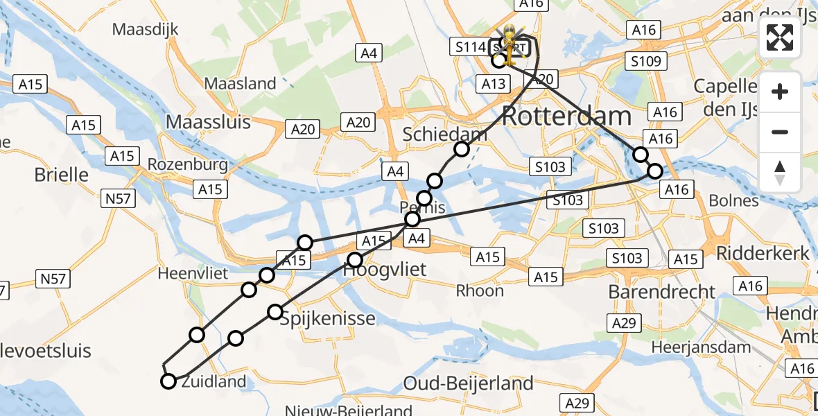Vluchtroute Traumahelikopter van Rotterdam The Hague Airport naar Rotterdam The Hague Airport
