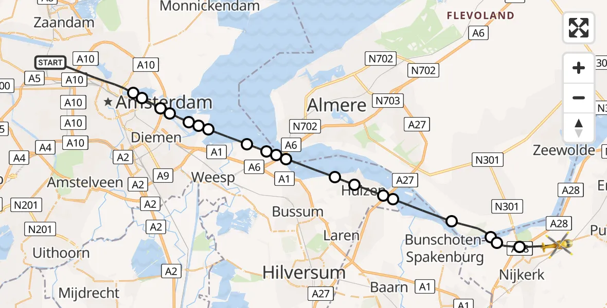 Vluchtroute Traumahelikopter van Amsterdam naar Putten