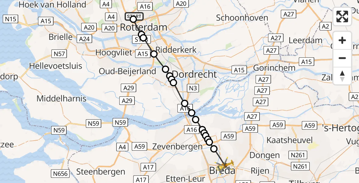 Vluchtroute Traumahelikopter van Rotterdam The Hague Airport naar Breda