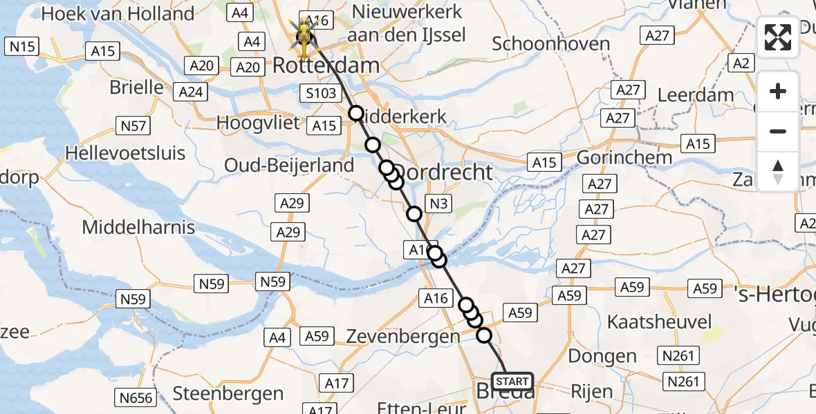 Vluchtroute Traumahelikopter van Breda naar Rotterdam The Hague Airport