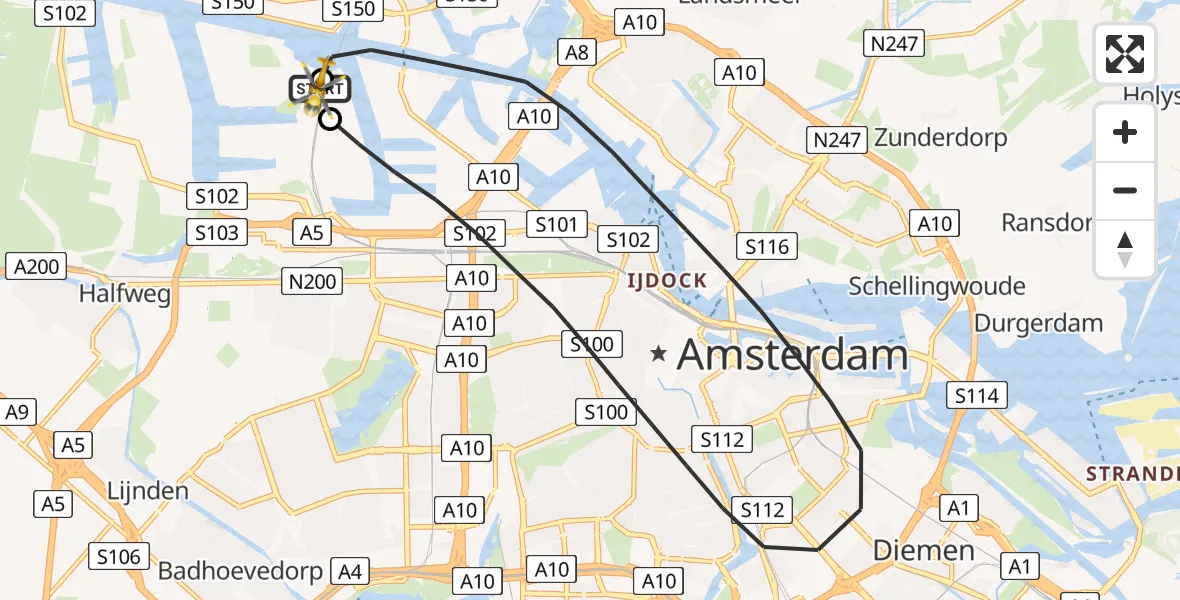 Vluchtroute Traumahelikopter van Amsterdam Heliport naar Amsterdam Heliport