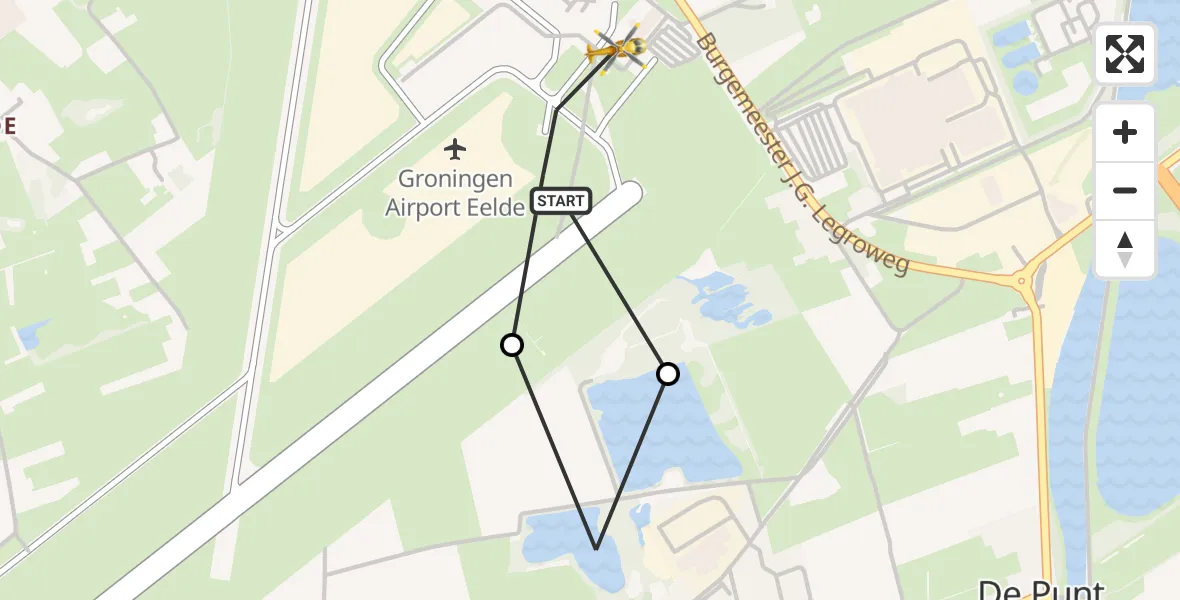 Vluchtroute Traumahelikopter van Groningen Airport Eelde naar Groningen Airport Eelde
