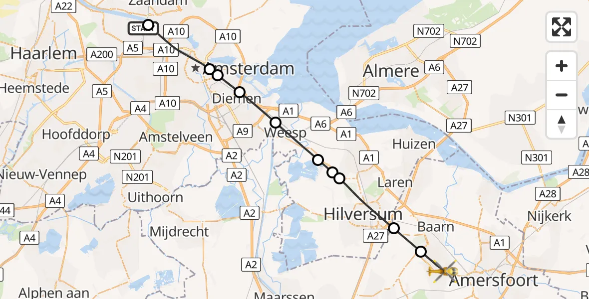 Vluchtroute Traumahelikopter van Amsterdam Heliport naar Soest