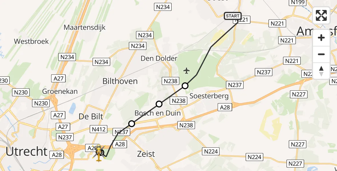 Vluchtroute Traumahelikopter van Soest naar University Medical Center Utrecht Heliport