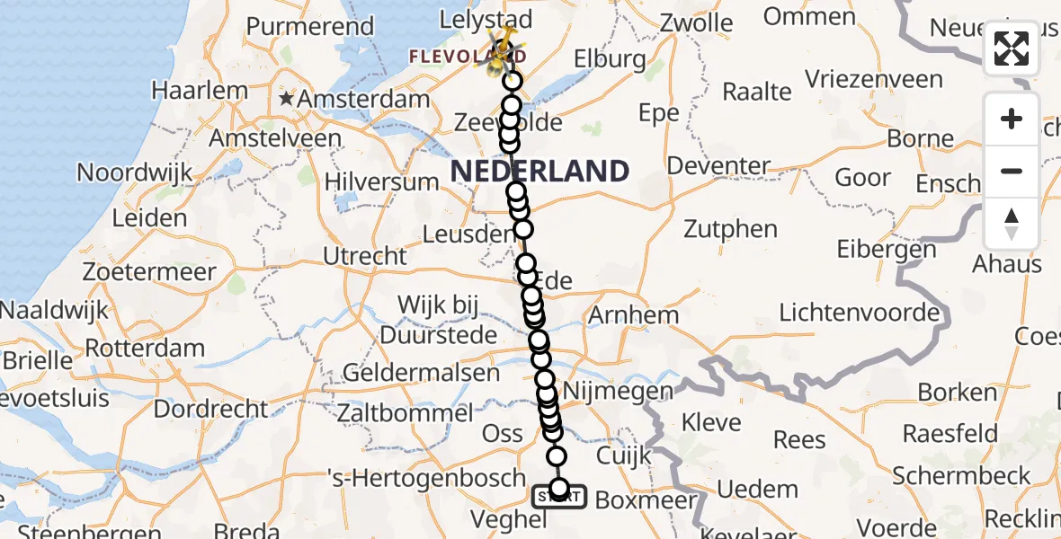 Vluchtroute Traumahelikopter van Vliegbasis Volkel naar Lelystad Airport