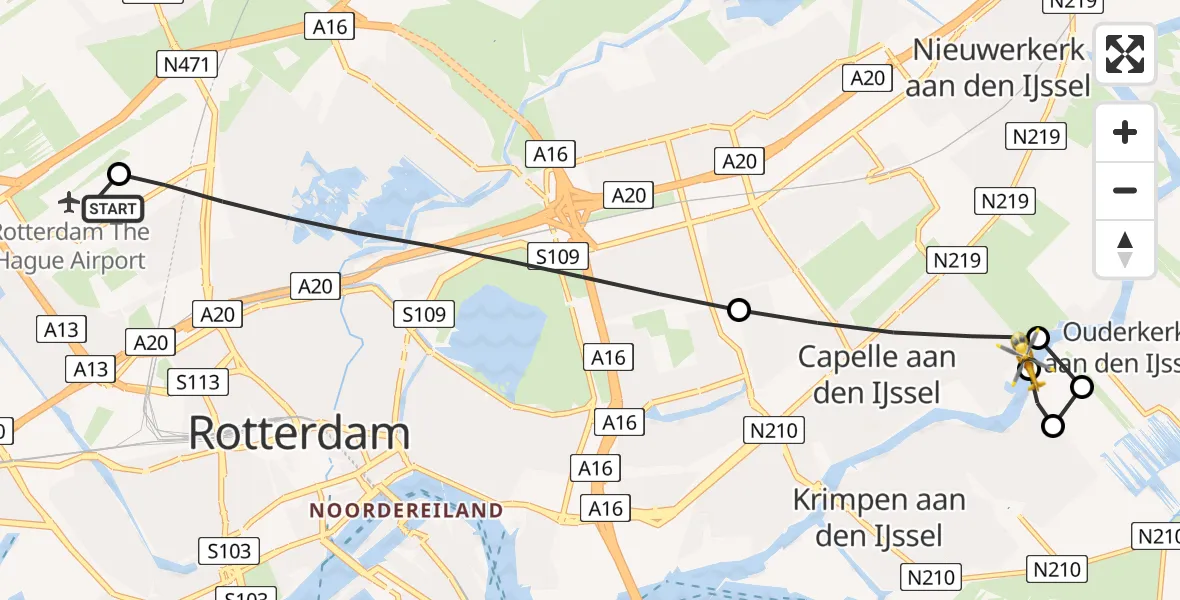 Vluchtroute Traumahelikopter van Rotterdam The Hague Airport naar Capelle aan den IJssel