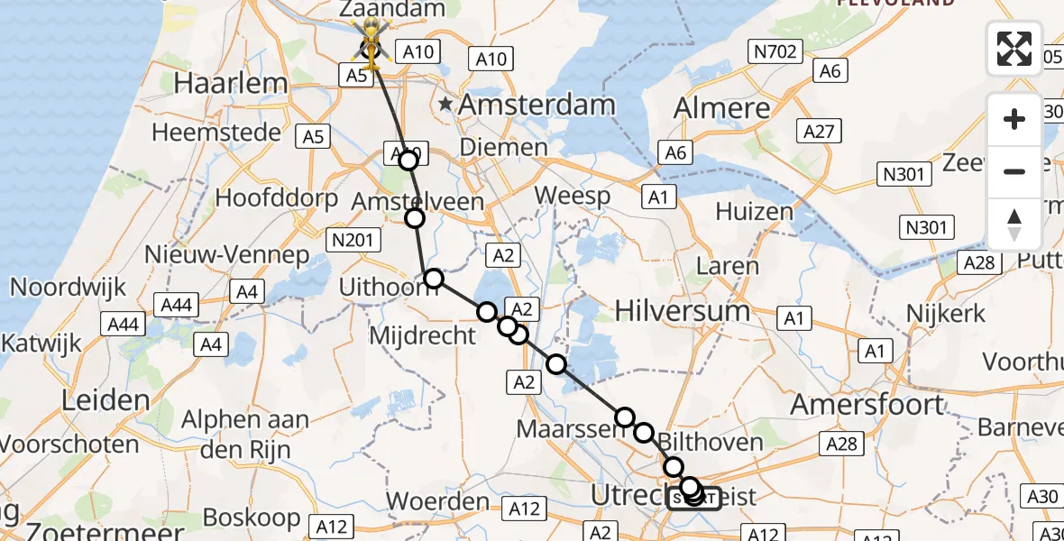 Vluchtroute Traumahelikopter van Universitair Medisch Centrum Utrecht naar Amsterdam Heliport