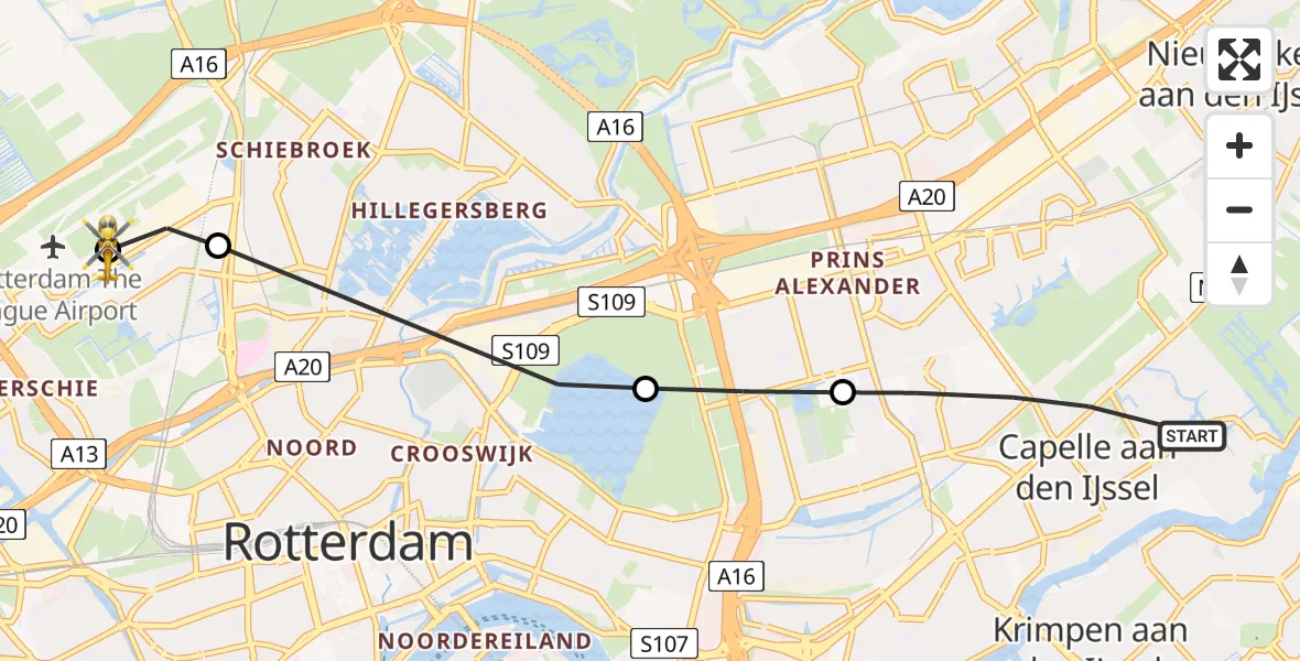 Vluchtroute Traumahelikopter van Capelle aan den IJssel naar Rotterdam The Hague Airport