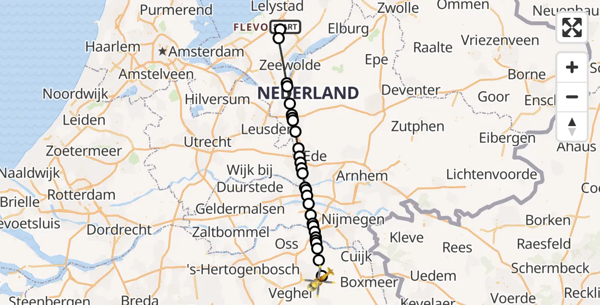 Vluchtroute Traumahelikopter van Lelystad Airport naar Vliegbasis Volkel