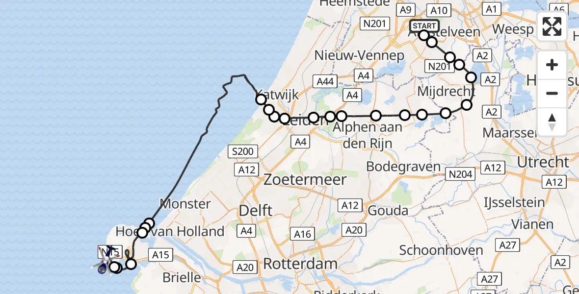 Vluchtroute Politiehelikopter van Amsterdam Vliegveld Schiphol naar Noordzee