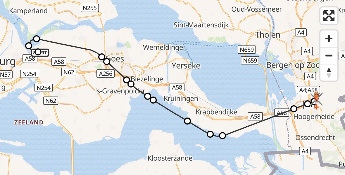 Vluchtroute Kustwachthelikopter van Vliegveld Midden-Zeeland naar Vliegbasis Woensdrecht