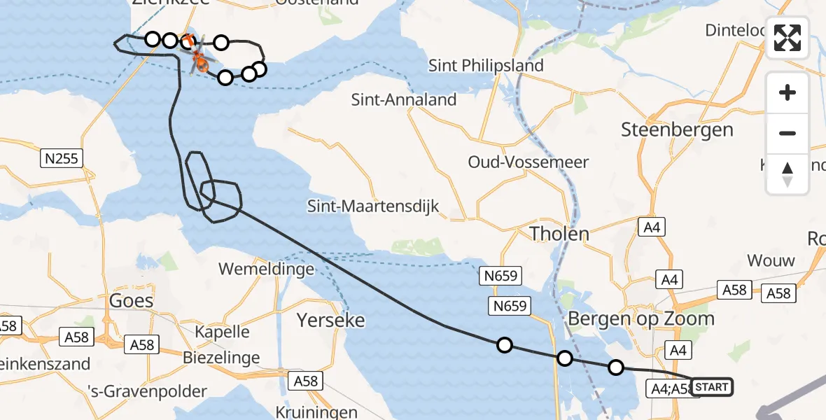 Vluchtroute Kustwachthelikopter van Bergen op Zoom naar Oosterschelde