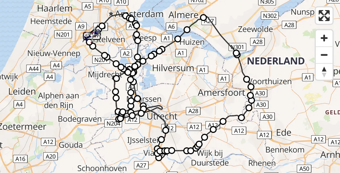 Vluchtroute Politiehelikopter van Amsterdam Vliegveld Schiphol naar Amsterdam Vliegveld Schiphol