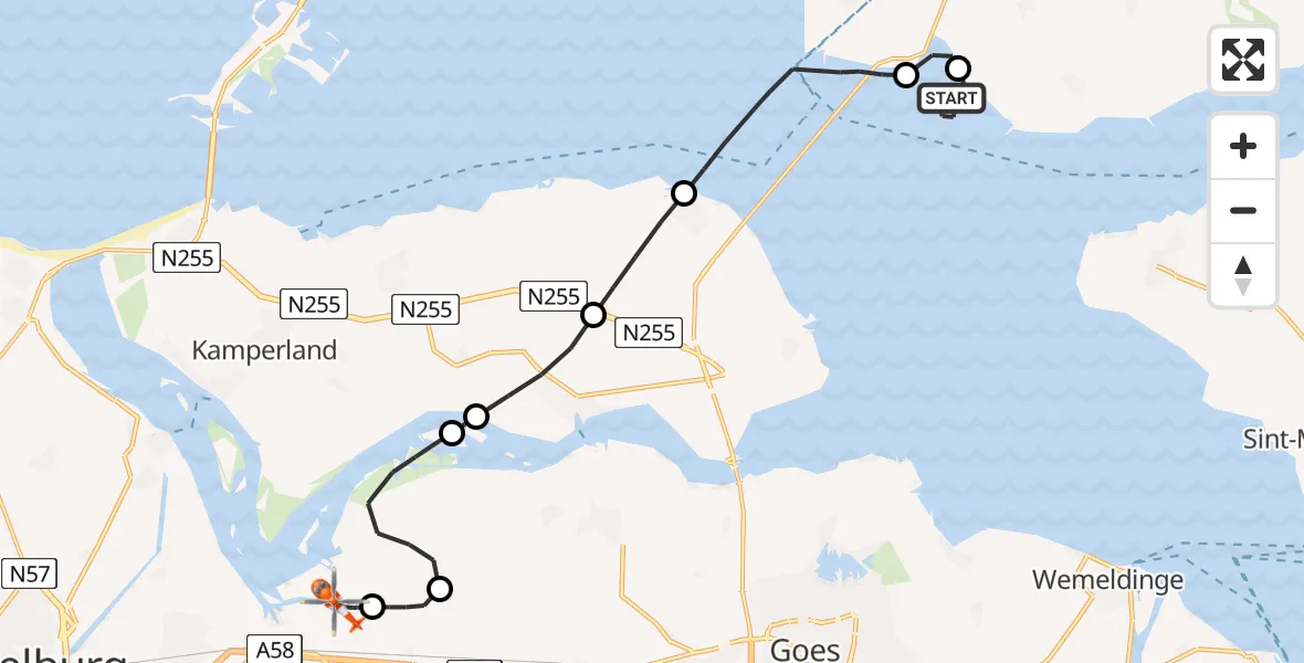 Vluchtroute Kustwachthelikopter van Oosterschelde naar Vliegveld Midden-Zeeland