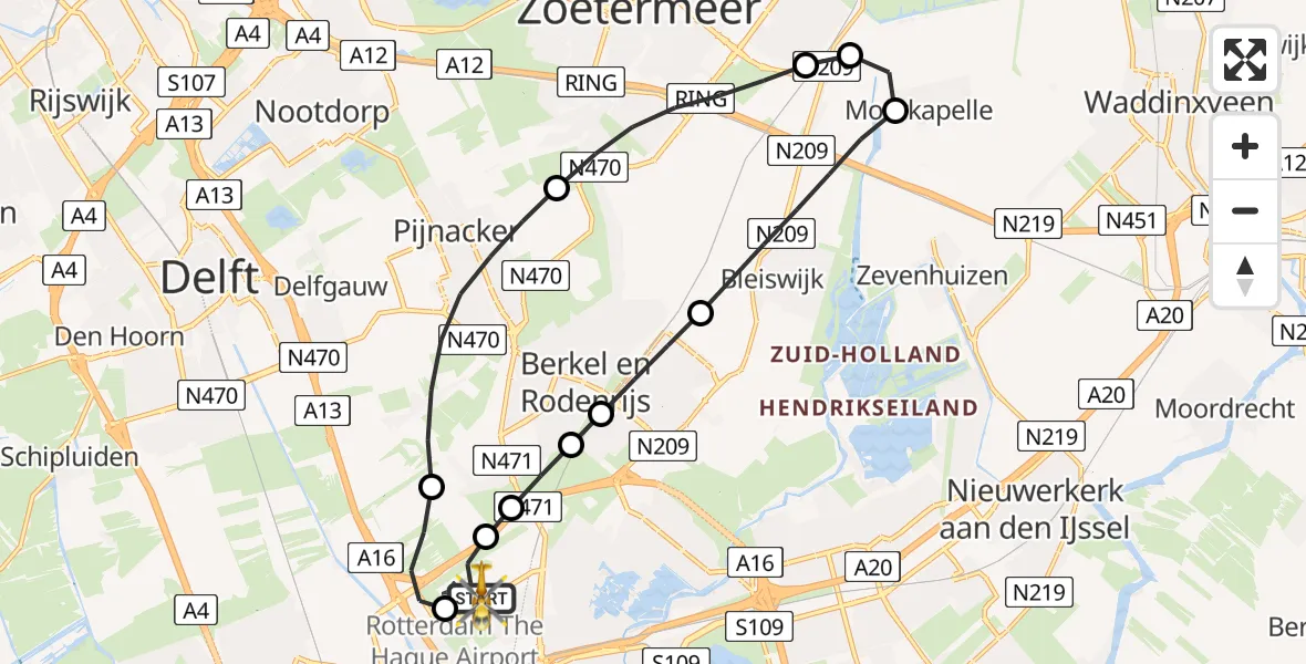 Vluchtroute Traumahelikopter van Rotterdam The Hague Airport naar Rotterdam The Hague Airport