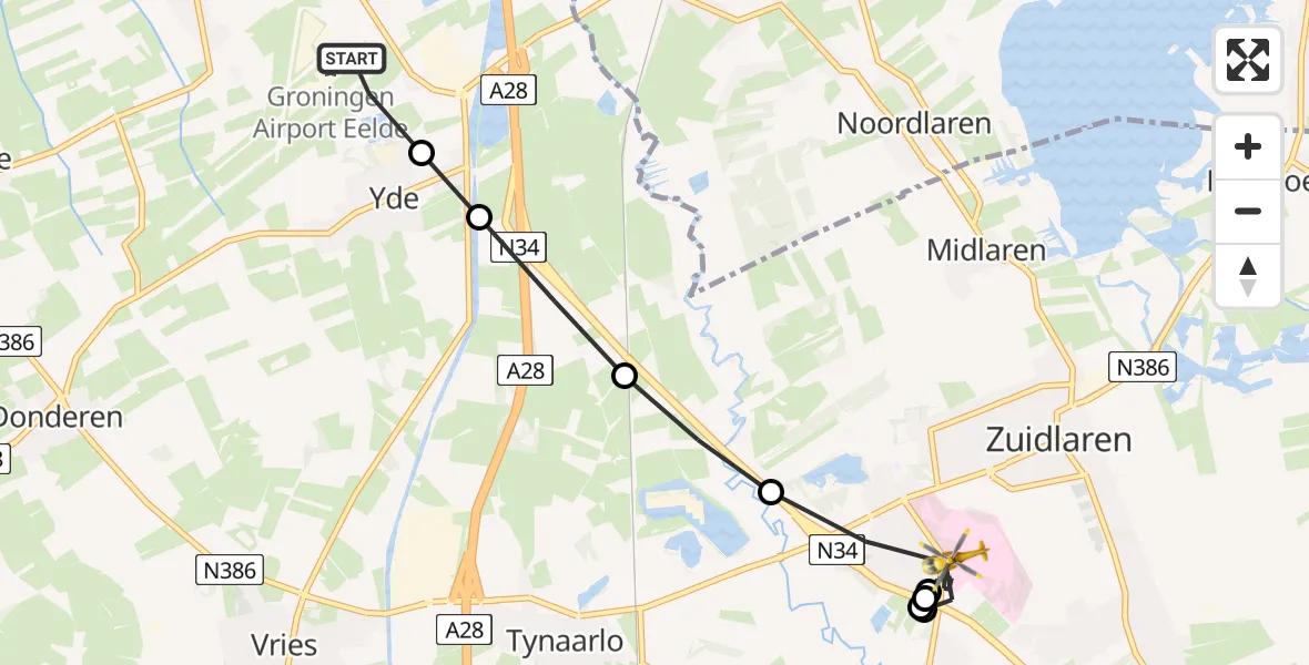 Vluchtroute Traumahelikopter van Groningen Airport Eelde naar Zuidlaren