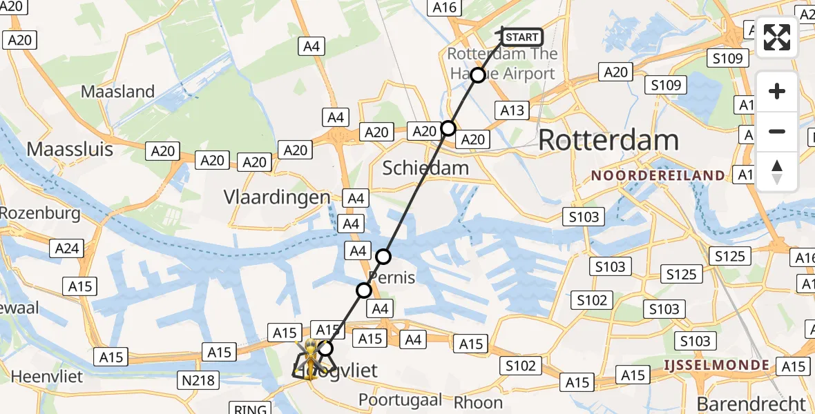 Vluchtroute Traumahelikopter van Rotterdam The Hague Airport naar Hoogvliet Rotterdam