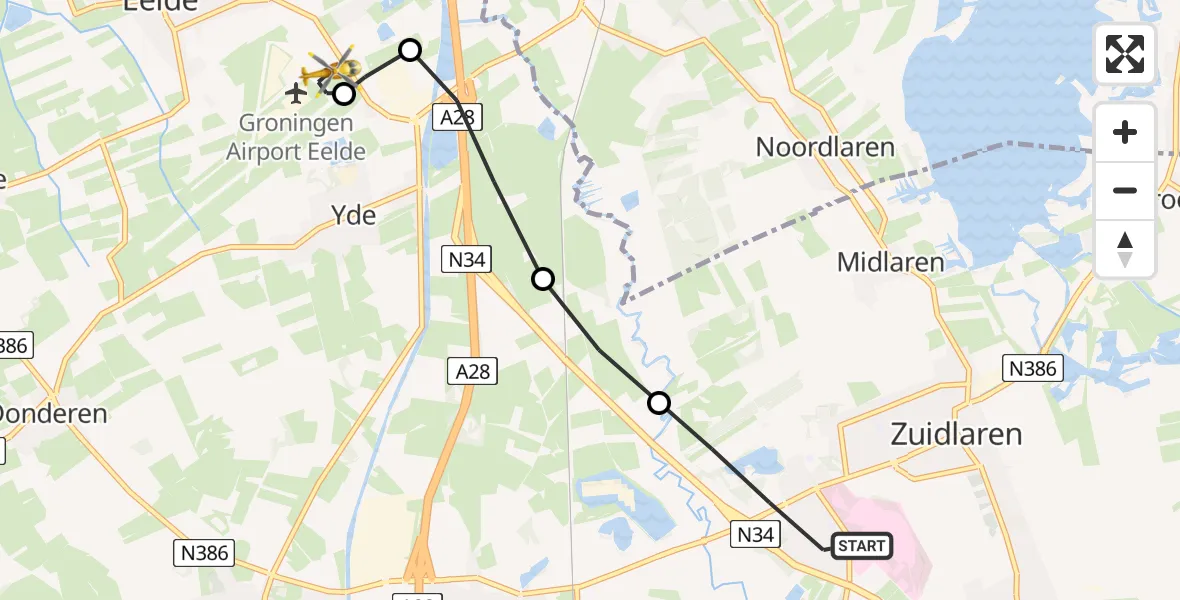 Vluchtroute Traumahelikopter van Zuidlaren naar Groningen Airport Eelde