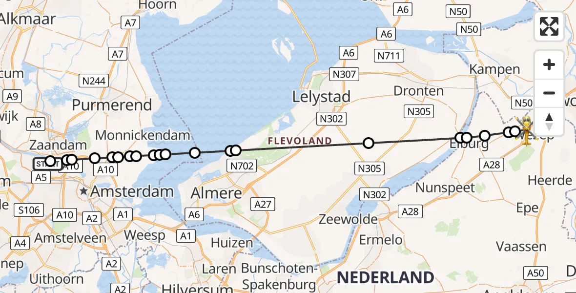 Vluchtroute Traumahelikopter van Amsterdam Heliport naar Wezep