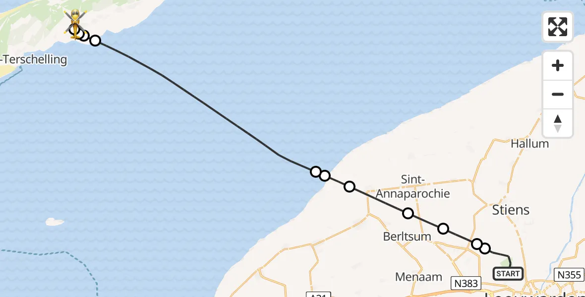 Routekaart van de vlucht: Ambulancehelikopter naar Terschelling Heliport