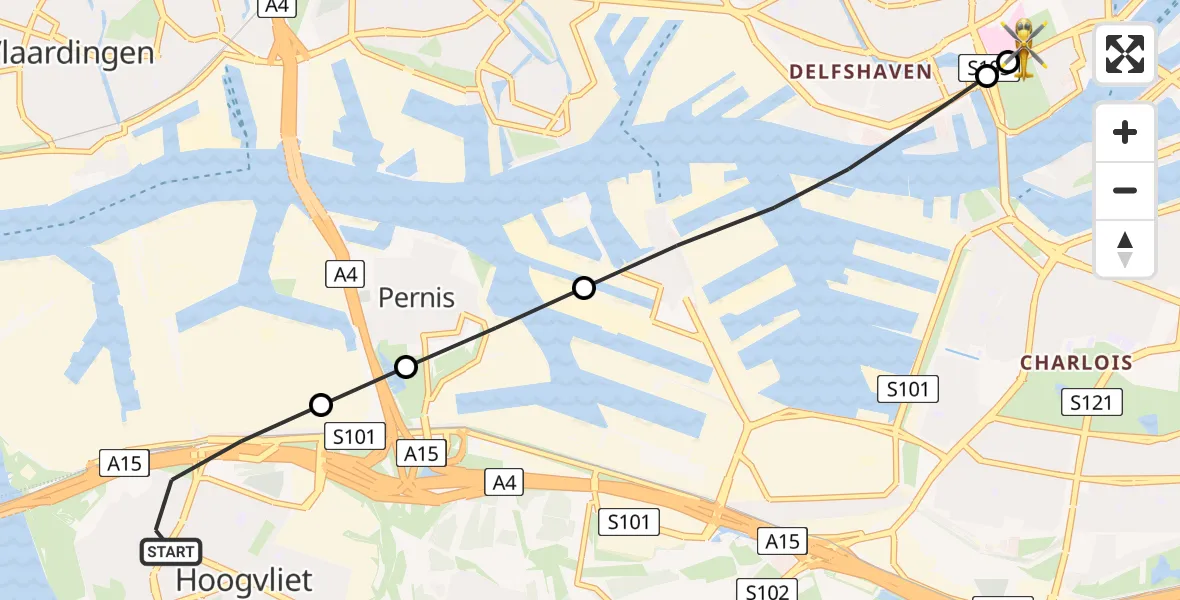 Vluchtroute Traumahelikopter van Hoogvliet Rotterdam naar Erasmus MC