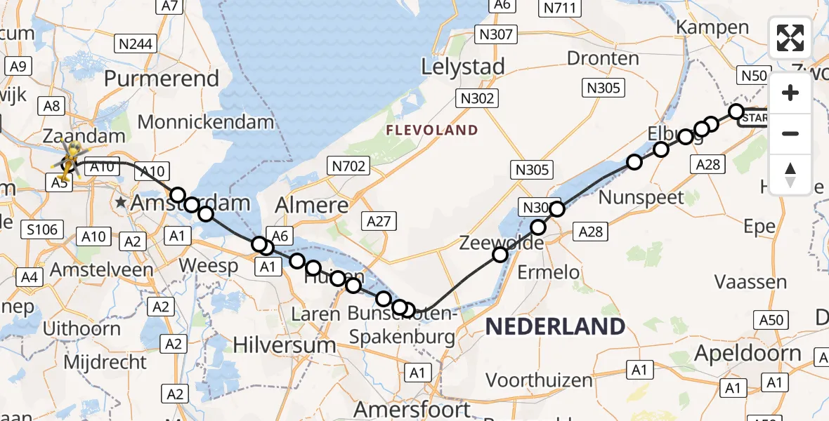 Vluchtroute Traumahelikopter van Wezep naar Amsterdam Heliport