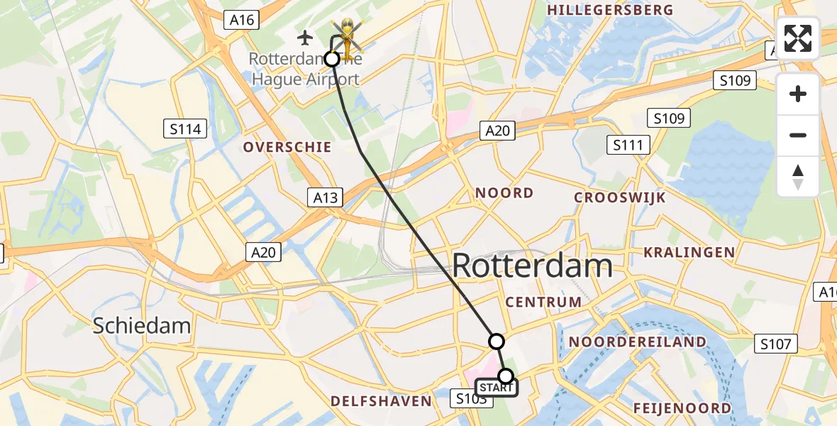 Vluchtroute Traumahelikopter van Erasmus MC naar Rotterdam The Hague Airport