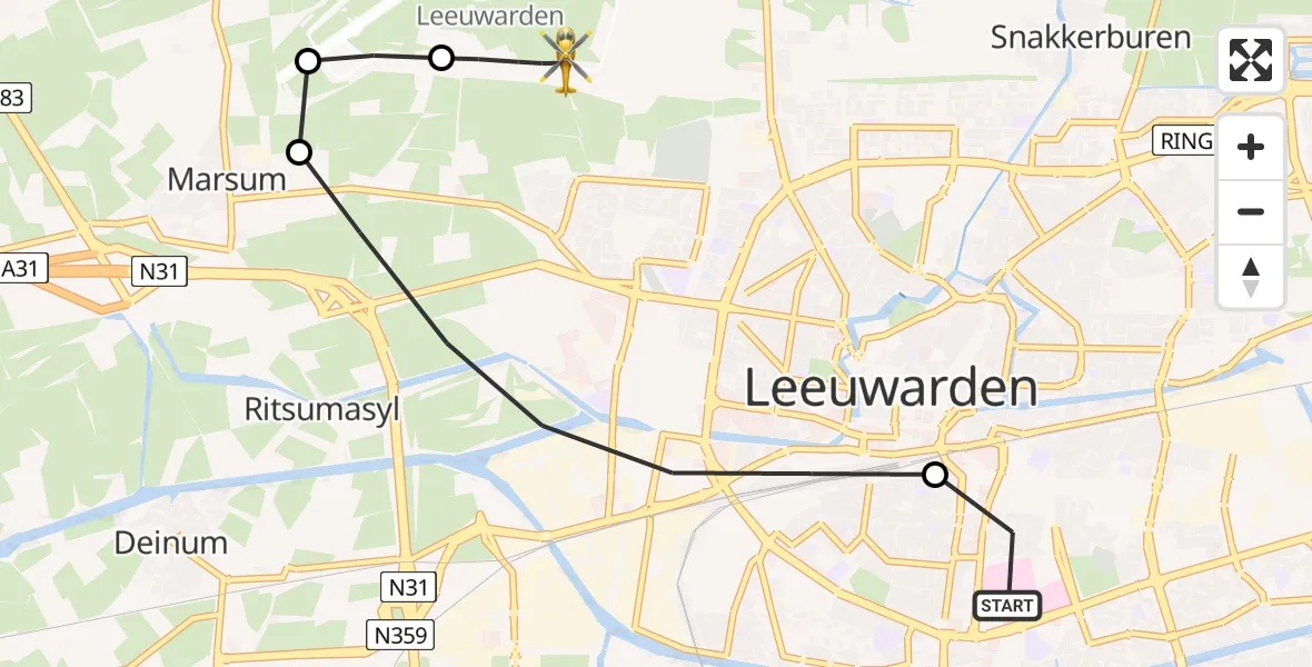 Vluchtroute Ambulancehelikopter van Leeuwarden Medical Center Heliport naar Vliegbasis Leeuwarden