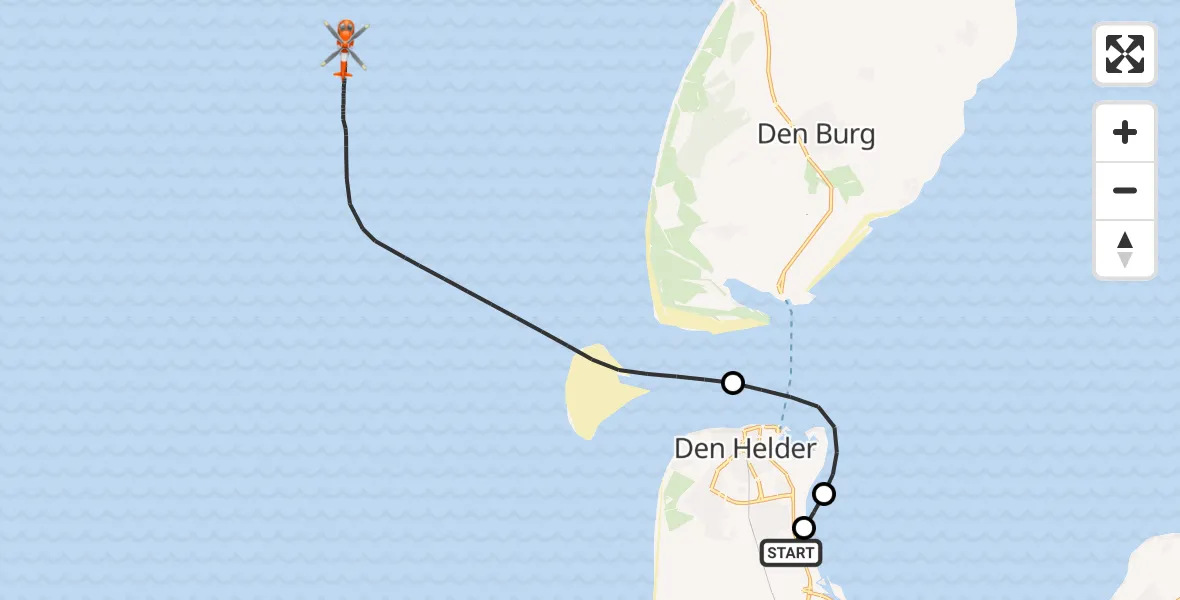 Vluchtroute Kustwachthelikopter van Militair vliegveld De Kooy / Den Helder Airport naar Noordzee
