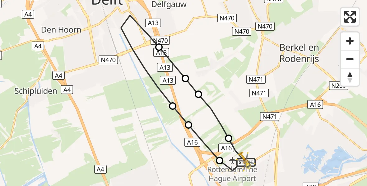 Vluchtroute Traumahelikopter van Rotterdam The Hague Airport naar Rotterdam The Hague Airport