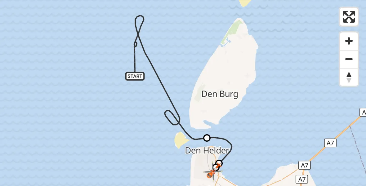 Vluchtroute Kustwachthelikopter van Noordzee naar Militair vliegveld De Kooy / Den Helder Airport