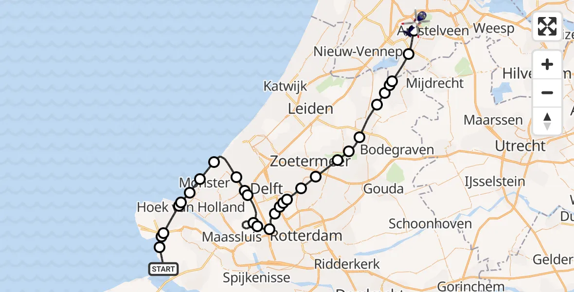 Vluchtroute Politiehelikopter van Rockanje naar Amsterdam Vliegveld Schiphol