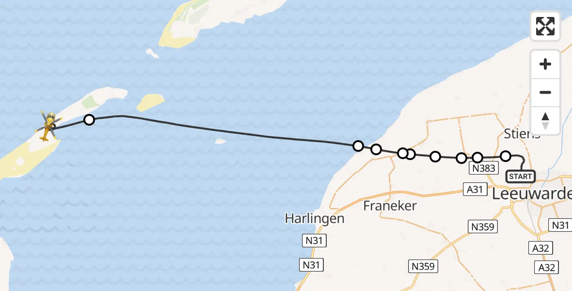 Vluchtroute Ambulancehelikopter van Vliegbasis Leeuwarden naar Vlieland