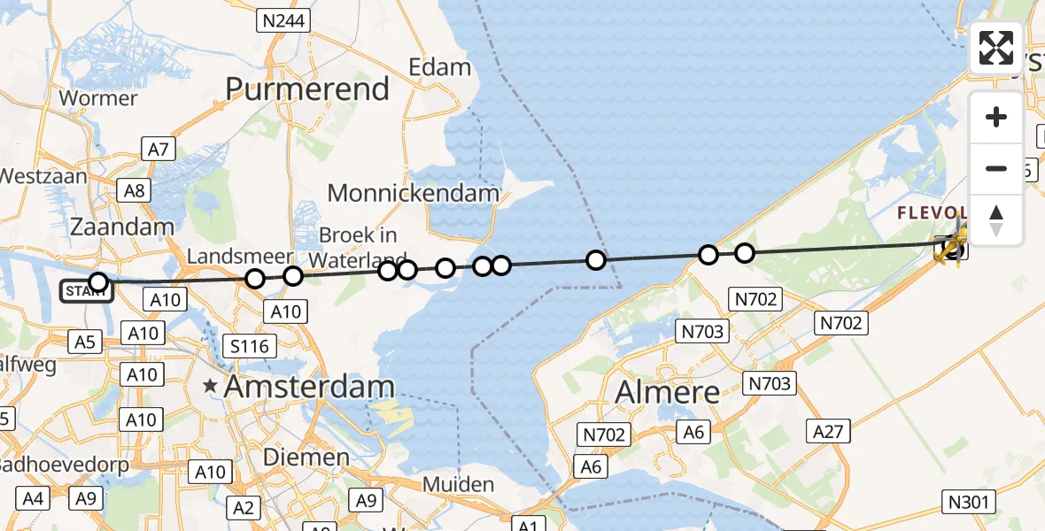 Vluchtroute Traumahelikopter van Amsterdam Heliport naar Lelystad