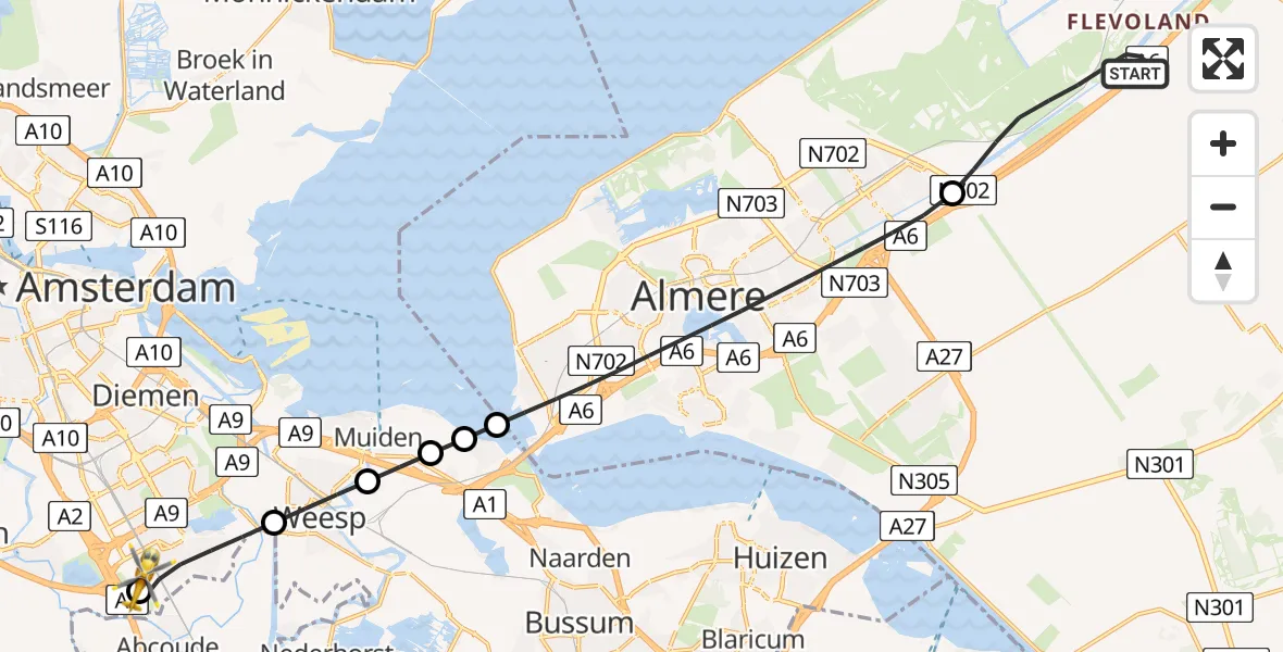 Vluchtroute Traumahelikopter van Lelystad naar Amsterdam UMC Helipad