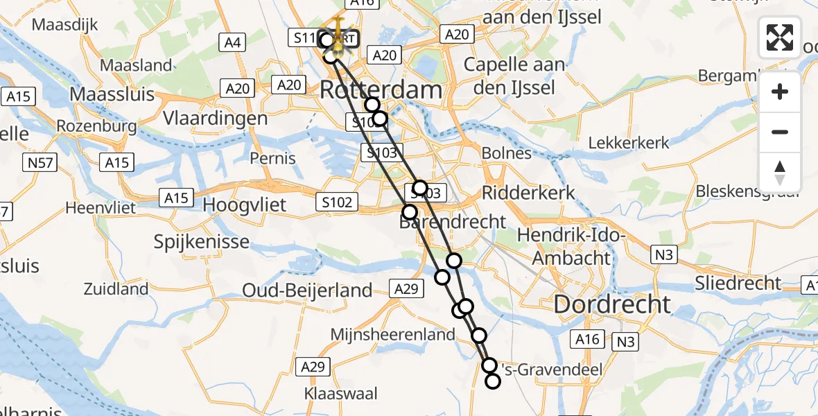 Vluchtroute Traumahelikopter van Rotterdam The Hague Airport naar Rotterdam The Hague Airport