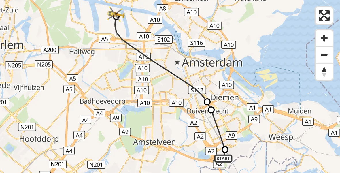Vluchtroute Traumahelikopter van Amsterdam UMC Helipad naar Amsterdam Heliport