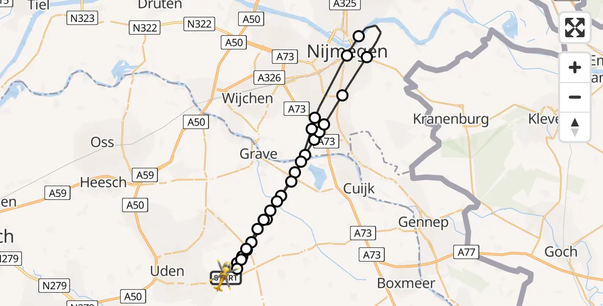 Vluchtroute Traumahelikopter van Vliegbasis Volkel naar Vliegbasis Volkel