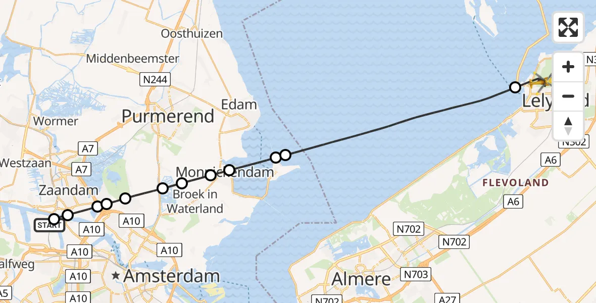 Vluchtroute Traumahelikopter van Amsterdam Heliport naar Lelystad
