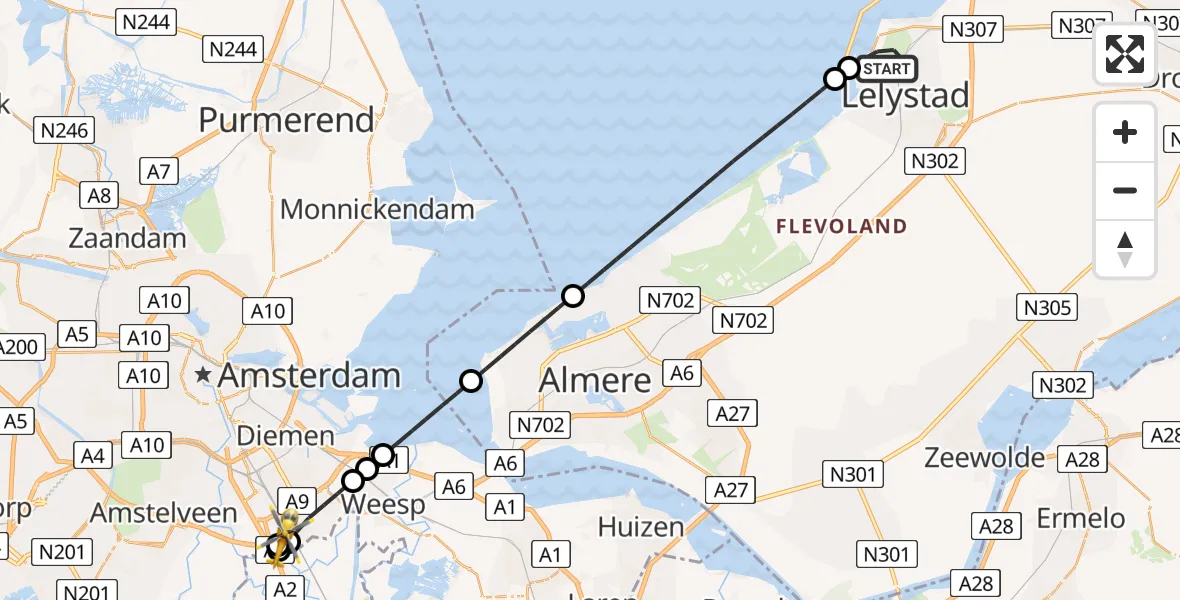 Vluchtroute Traumahelikopter van Lelystad naar Amsterdam UMC Helipad