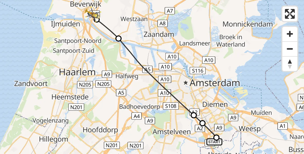 Vluchtroute Traumahelikopter van Amsterdam UMC Helipad naar Beverwijk