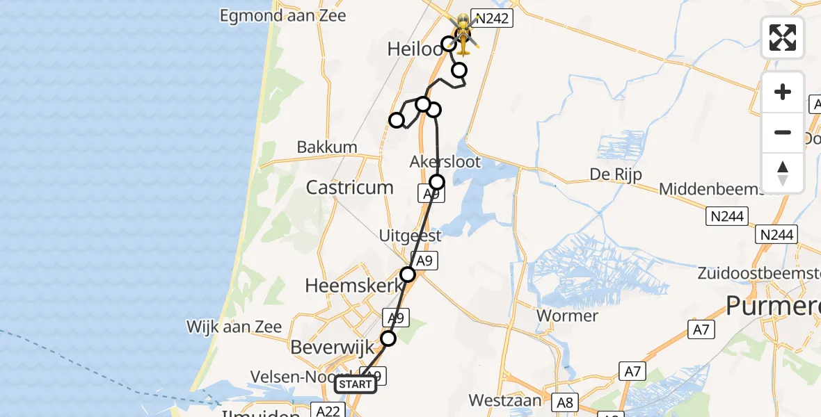 Vluchtroute Traumahelikopter van Beverwijk naar Alkmaar
