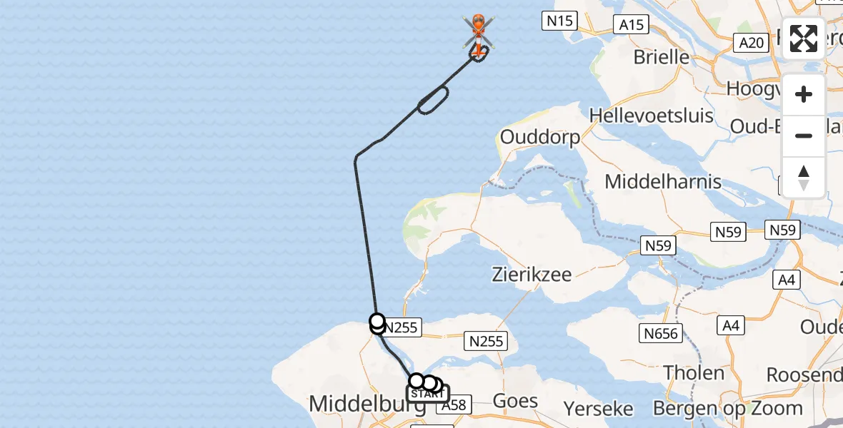 Vluchtroute Kustwachthelikopter van Vliegveld Midden-Zeeland naar Noordzee