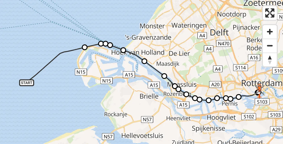 Vluchtroute Kustwachthelikopter van Noordzee naar Erasmus MC