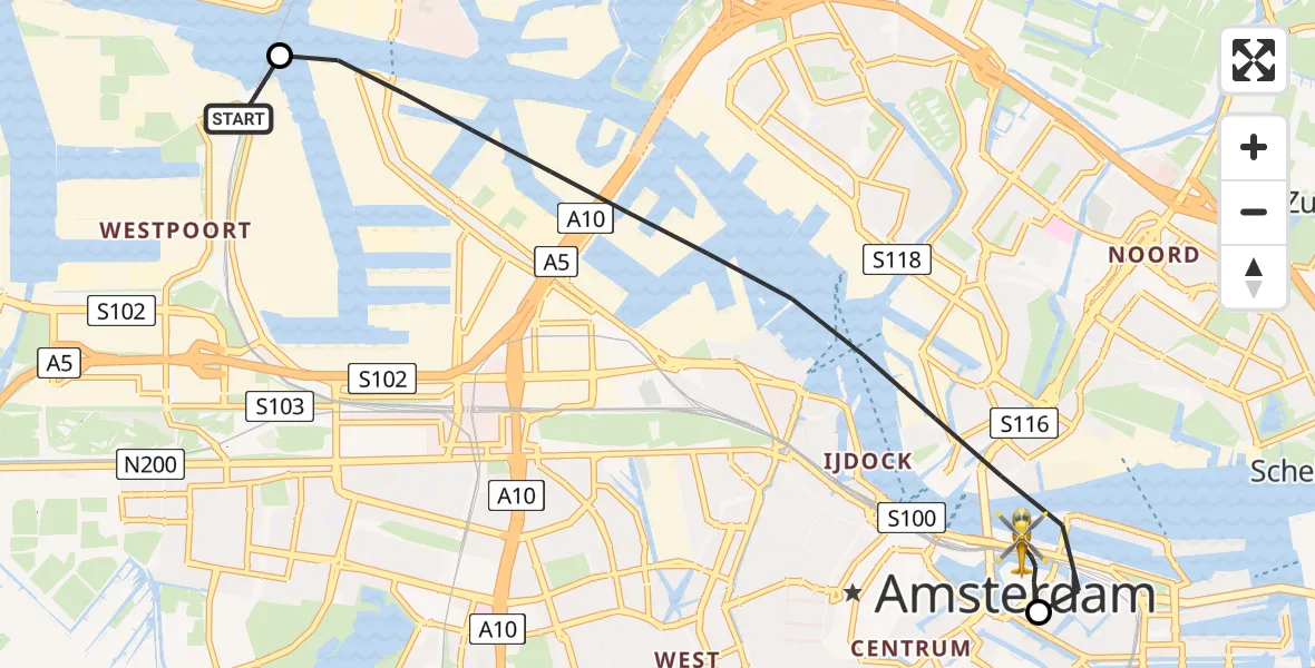 Vluchtroute Traumahelikopter van Amsterdam Heliport naar Marine Kazerne Amsterdam Helipad