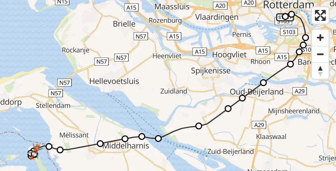 Vluchtroute Kustwachthelikopter van Erasmus MC naar Veermansplaat