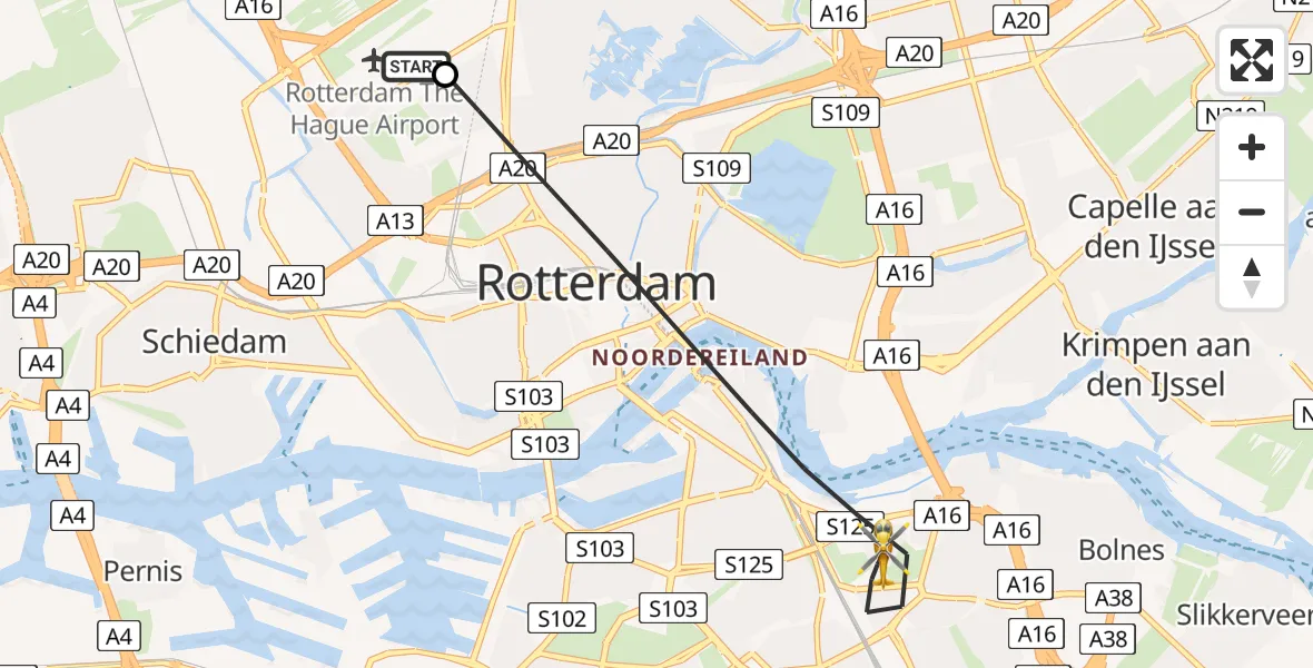 Vluchtroute Traumahelikopter van Rotterdam The Hague Airport naar Rotterdam