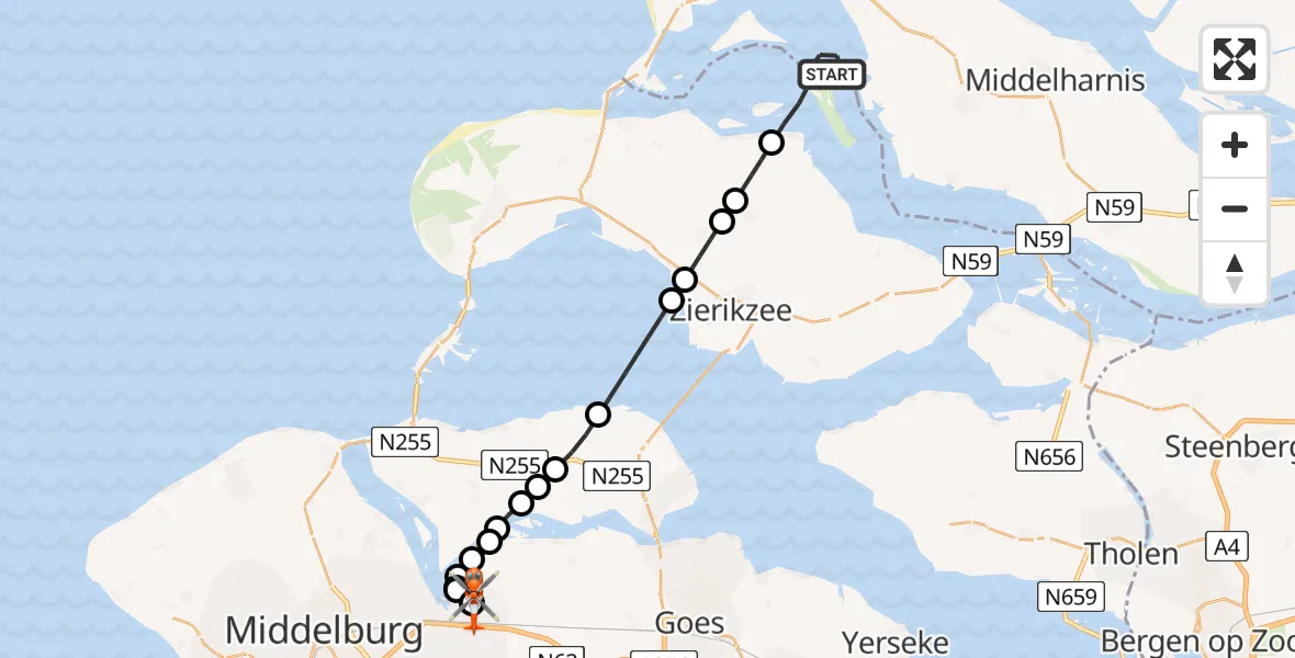 Vluchtroute Kustwachthelikopter van Grevelingenmeer naar Vliegveld Midden-Zeeland