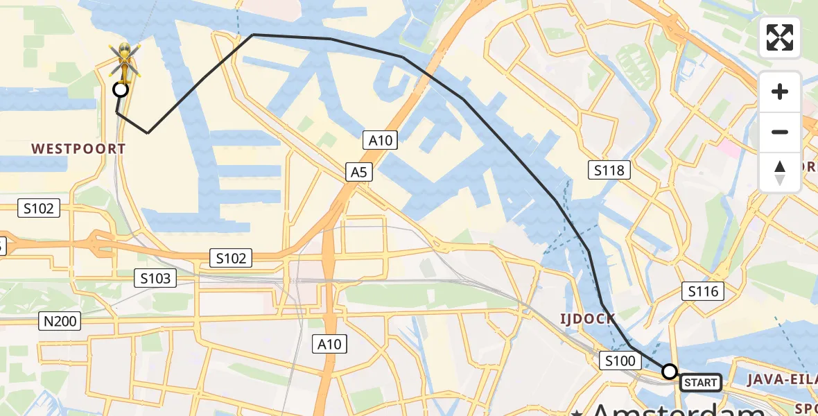 Vluchtroute Traumahelikopter van Marine Kazerne Amsterdam Helipad naar Amsterdam Heliport